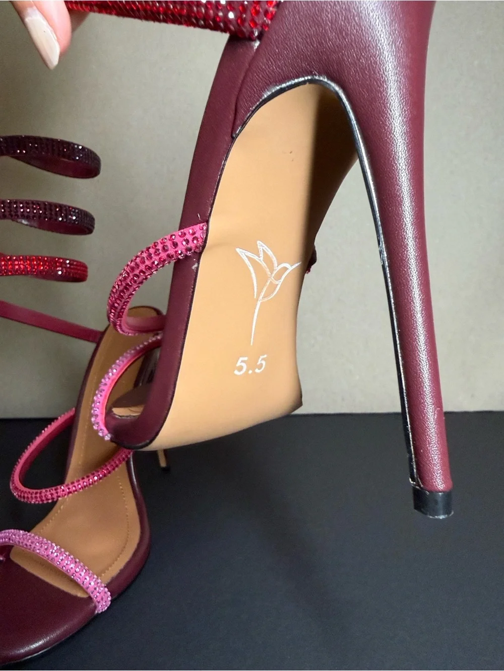 Spiral Wrap Stiletto Sandals in Burgundy and Pink - New - With Box
